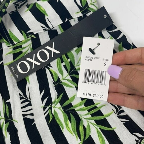NWT xoxo Stripe & Leaves Print High Rise Paper Bag Style Shorts w Tie Waist S - Picture 5 of 11